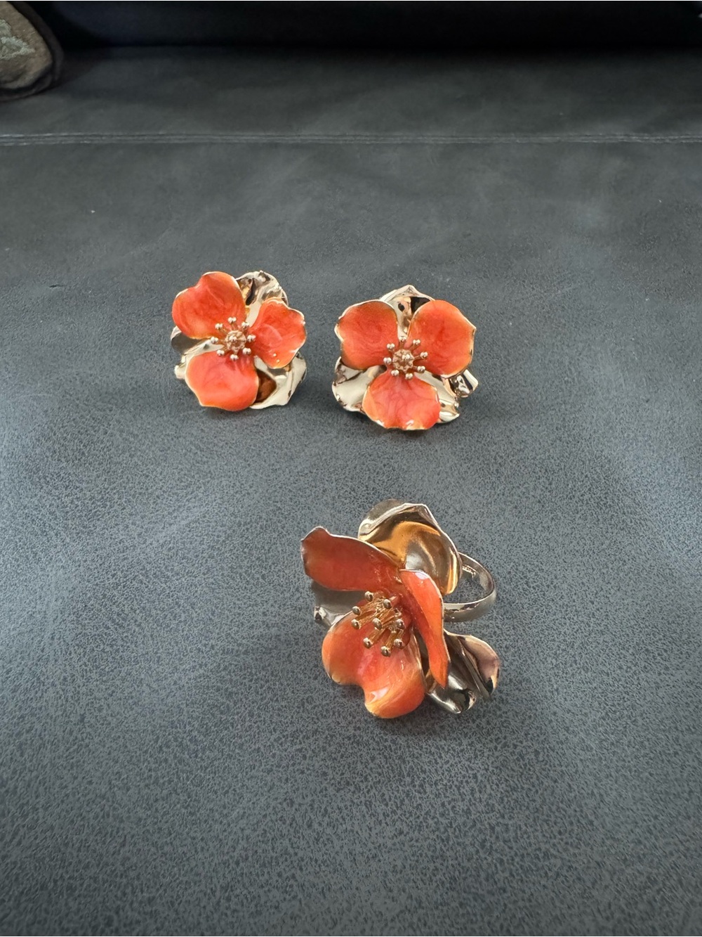 Floral Orange Enamel Flower Ring and Earring Set ring is adjustable